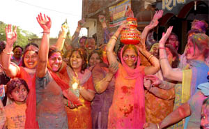 Residents of Panchwati Nagar in Bathinda celebrating Holi on Wednesday. 