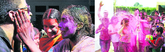(Left) Visually challenged students play Holi in Ludhiana. (Right) Young and old celebrated Holi in Ludhiana on Wednesday.