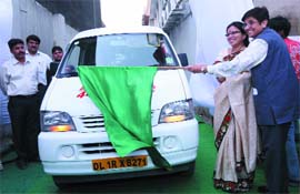 Former Delhi police officer Kiran Bedi flags off a private cab service which will have women drivers, in New Delhi on Friday.