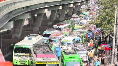 Traffic jams have become an order of the day in Jammu. Photo: Inderjeet Singh