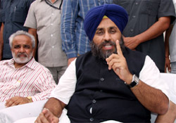 Deputy CM Sukhbir Badal addressing media at a private institute near Bathinda on Saturday.