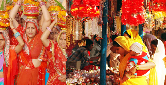 (Left) Women take part in the Bhavya Kalash Yatra held on the occasion of Ram Katha Mahotsav at Anand Garden in Gurgaon on Sunday.  (Right) Devotees purchase worship material from shops near the Sheetla Mata temple on the occasion of Chait fair in Gurgaon on Sunday.