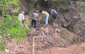 Labourers dump mud and garbage taken out from the Ranbir canal on its bank