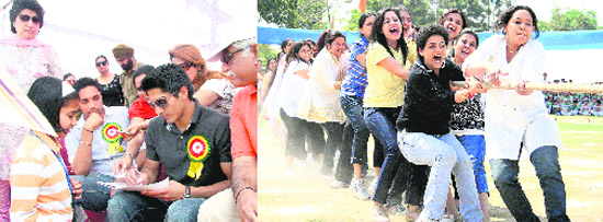 (Left) Vijendra Kumar, Olympic bronze medalist, gives autograph to his fans at Sat Paul School in Ludhiana on Sunday. (Right) Parents participate in a tug-of-war contest at the annual sports meet of a school in Ludhiana on Sunday.
