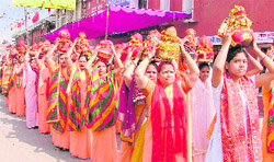 Women take out ‘Kalash Yatra’ before the start of the 51st Gyan Bhakti Vishal Sammelan in Ludhiana on Sunday.