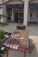 An earthen oven placed in front of the district planning committee office at the Mini-Secretariat in Bathinda on Monday. 