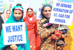 Gujjars and Bakerwals protest in Jammu on Monday, seeking employment and mobile schools for their children.