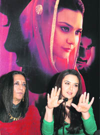 Bollywood actor Preity Zinta and Film director Deepa Mehta during a press conference to promote their forthcoming Hindi and Punjabi film Videsh in New Delhi