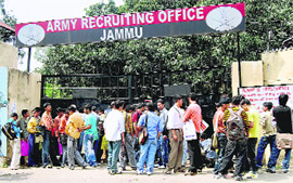 Youths throng a Navy recruitment rally in Rahari, Jammu, on Tuesday.