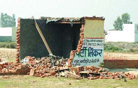The office of a coloniser at an unapproved colony site demolished by the MC team in Chogitti area in Jalandhar. 