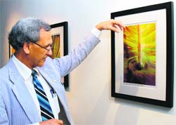 PAU Vice-Chancellor MS Kang looks at a photograph during an exhibition by AP Singh in Ludhiana. 
