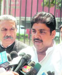 INLD secretary-general and Rajya Sabha MP Ajay Chautala talks to mediapersons after meeting the Election Commissioner regarding the alleged violation of the poll code by the state government, in New Delhi