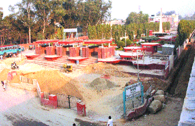 The broken facade of the Punjab State War Memorial due to construction of ROB around it in Jalandhar.