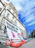 The courthouse with demonstrators installations in front is pictured on the third day of the trial against 73-year-old Austrian Josef Fritzli on Wednesday.
