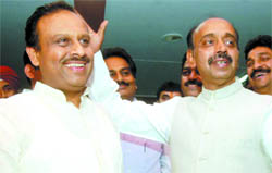 Vijender Gupta and Vijay Goel after their candidature was announced in New Delhi on Thursday. 