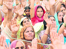 Followers of Dera Sacha Sauda chief Gurmeet Ram Rahim Singh listen to his discourse in Ambala Cantt on Saturday. 