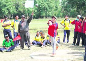 The shot-put competition in progress at the VIIIth Annual Sports Meet of FRI University, Dehradun