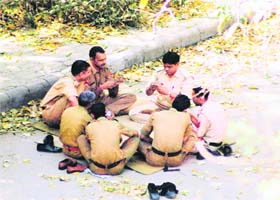 Policemen play cards under a tree on a hot afternoon in the Gurgaon mini-secretariat