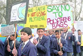 Students take out a rally against the use of polythene in Srinagar