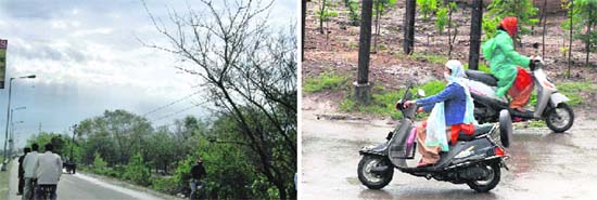 View of the overcast sky; and (right) scooterists caught in the rain in Ludhiana