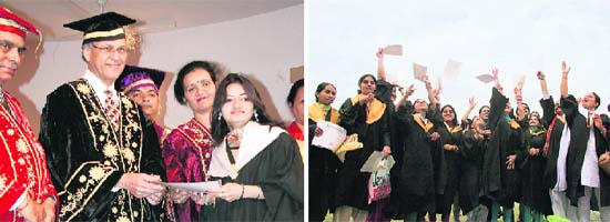 Dr MS Kang, Vice-Chancellor, PAU, gives away a degree; and (right) jubilant students during the convocation of SDP College of Women in Ludhiana