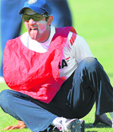 Gautam Gambhir reacts after falling on the ground as he takes part in a quick game of football during a practice session on the eve of the second Test at Nelson Park in Napier on Wednesday.