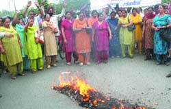 Members of the Punjab state aided schoolteachers and other employees burn the effigy of the SAD-BJP government in Jalandhar