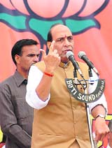 BJP chief Rajnath Singh drives home a point during a public rally in Jammu on Friday. 