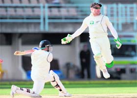 New Zealands Brendon McCullum (R) celebrates the wicket of Virender Sehwag during the 2nd day of the second Test at McLean Park, Napier