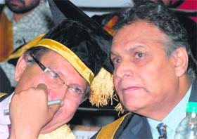Panjab University Vice-Chancellor Prof RC Sobti (left) with UGC Chairman Prof Sukhadeo Thorat at the 58th Annual Convocation of PU in Chandigarh