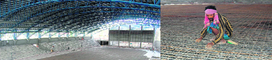 The ice skating rink under construction at Maharana Pratap Sports College, Raipur, near Dehradun and (right) a worker preparing the floor.