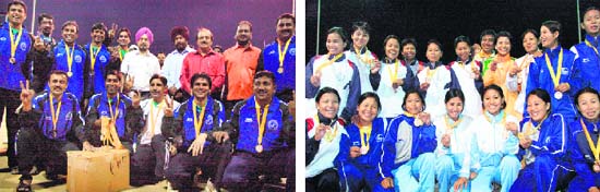 The Chhattisgarh men’s and Manipur women’s teams after winning the Inter-Zonal Handball Championship at the PAU grounds in Ludhiana