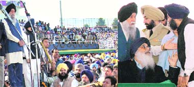 Capt Kanwaljeet Singh during oath ceremony at the PCA stadium, Mohali; and (right) in discussion with Sukhbir Badal and Parkash Singh Badal