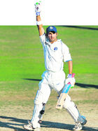 Gautam Gambhir celebrates after scoring a century during the fourth day of the second Test against New Zealand at McLean Park, Napier, on Sunday.