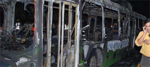 The DTC bus that caught fire on Mandir Marg in New Delhi on Monday.