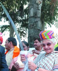 Delhi Chief Minister Sheila Dikshit being felicitated by the All India Brahmin Samaj during the ongoing Navratras at her residence in New Delhi on Monday. 