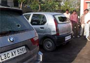 The Indica car on which gunshots were fired by a security guard in a BMW car.