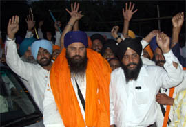 Radical Sikh leader Baljit Singh Daduwal is welcomed by his supporters in Bathinda after his release from police custody on Tuesday.