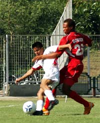Players of ONGC and Pune Football Club during the match at Tau Devi Lal Stadium in Gurgaon