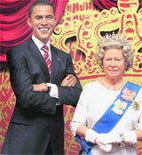 Waxwork models of US President Barack Obama and Britains Queen Elizabeth at Madame Tussauds in London on Tuesday.