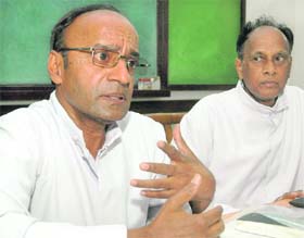 Ignatius Loyola Masscarenhas, bishop-elect of Shimla-Chanditarh Catholic diocese, addresses a press conference in Chandigarh