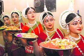 Artistes from Orissa queue up for their performance on “Utkal Dibas” at Sri Jagannath Temple, Sector 31, in Chandigarh