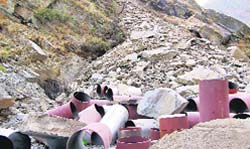 Scattered pen stock of Dharamsala hydro power project (stage II) in Manji rivulet