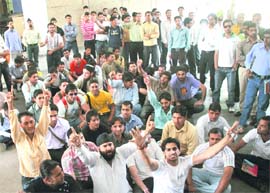 Students hold a protest at Jammu University on Wednesday. 