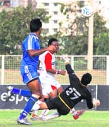 Players of Shillong F C and Viva Kerela FC in action during the I-League 2 match at Tau Devi Lal Stadium in Gurgaon