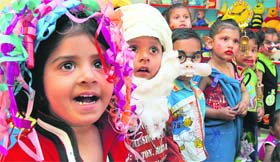 Children at an ‘All fools’ party at Lovely Lotus School in Ludhiana