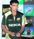 Kolkata Knight Rider skipper Sourav Ganguly, who unveils 'Nokia Sprite Para Cricket', shows his cricketing skills in Kolkata on Thursday.