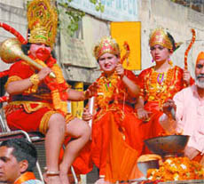 Devotees take out a jhanki from the Red Fort on the occasion of Ram Navami in New Delhi on Friday.