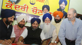SAD president Sukhbir Singh Badal, along with other party leaders, inaugurates central party election office in Jalandhar on Friday.