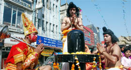 Youths portray Lord Rama, Laxman and Hanuman during Ramnavami shobhayatra in Jalandhar on Friday.